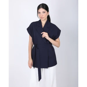 Kadın Lacivert Düşük Omuzlu Oversize Kuşaklı Yelek