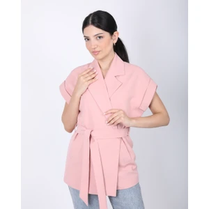 Kadın Pembe Düşük Omuzlu Oversize Kuşaklı Yelek