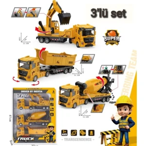 Berattoys 3lü Set Büyük Iş Makinaları Kırılmaz Iş Araçları 28 cm Sürtmeli Kamyon Kepçe Mikser