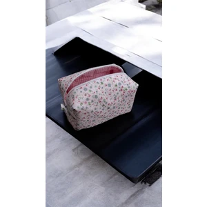 Pembe Çiçek Desenli Makyaj Çantası - Büyük Boy