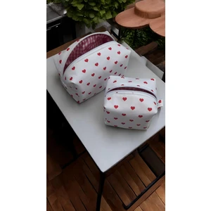 Kalp Desenli Makyaj Çantası Seti - Makyaj Çantası ve Ruj Çantası