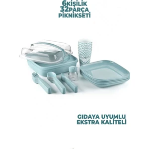 6 Kişilik 32 Parça Piknik Seti - Plastik Piknik Tabak Kaşık Bardak - Mikrodalga Bulaşık Makinesi Uyumlu Ekstra Kaliteli - Turkuaz