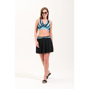 725710_KADIN, Turkuaz Siyah Geometrik Desenli, Şort Etekli, Çapraz Geçişli, Croplu Deniz ve Havuz Mayosu