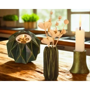 Doğal Taş Döküm 3'lü Mumluk Vazo Şamdan Seti