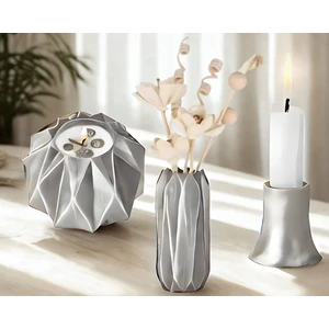 Doğal Taş Döküm 3'lü Mumluk Vazo Şamdan Seti