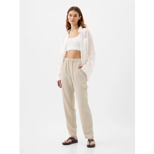 Kadın Bej Mid Rise Easy Keten Karışımlı Kargo Pantolon