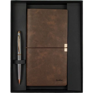 SD700-C2 Premıum Defter Toledo C7 Kahverengi & 88 Tükenmez Gold Krom Set Özel Hediyelik Kutulu