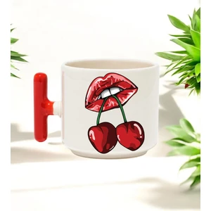 Kiraz Dudağı Tasarımlı Kırmızı T Kulplu Seramik Baskılı Kupa Bardak 250 ml