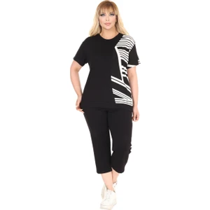Butik Siyah Kısa Kol Yarım Çizgi Garnili Viskon Kapri Takım