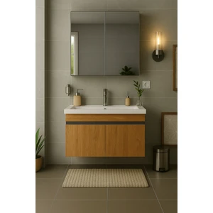 DMZ Home Concept Arista 80 cm Ahşap Renkli Mdf, Seramik Lavabolu, Alt ve Üst Dolaplı, Üst Dolap Aynalı, Banyo Dolabı Takımı