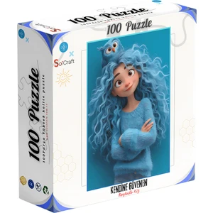 100 Parça Puzzle Çift Tasarım Tek Kutu Mavi Baykuşlu Kız