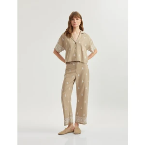 Pamuklu Viskon Kumaş Etnik Desenli Işlemeli Bol Paça Pantolon