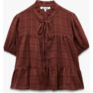 Bağcıklı Yaka Düğmeli Pamuklu Kısa Kollu Gömlek