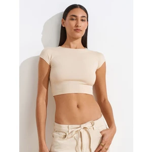 30528 Pamuk ve Modal  Karışımlı Crop Top-Taş