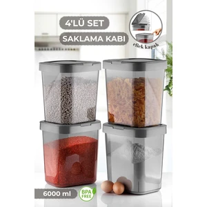 4'lü Mega Un Bakliyat Kabı - Kilit Kapaklı Deterjanlık Toz Deterjan Saklama Kutusu 6 Lt -Antrasit