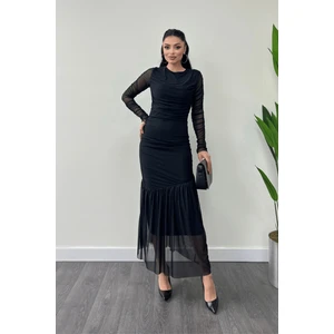 Tül Kumaş Büzgü Detaylı Kalem Elbise - Siyah