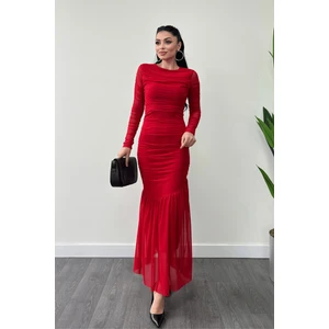 Tül Kumaş Büzgü Detaylı Kalem Elbise - Kırmızı