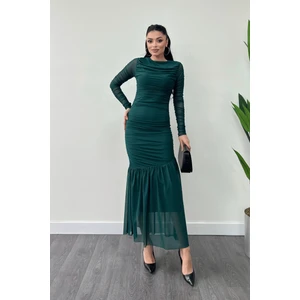 Tül Kumaş Büzgü Detaylı Kalem Elbise - Zümrüt Yeşil