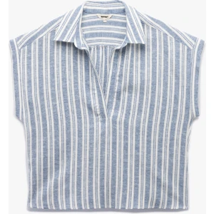 Keten Karışımlı Kısa Kollu Kaçık Gömlek Yaka Bluz