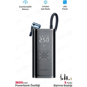 Oto Kompresör Şarjlı Taşınabilir Powerbank El Fenerli Araç Lastik Şişirme Pompası Flaşör Göstergeli