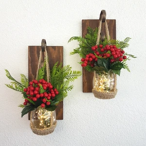 ST Dekor Duvar Dekoru, LED Işıklı, Kokina Yılbaşı Çiçeği, Ceviz Aplik Ikili Set