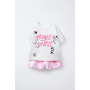 Kız Çocuk Minnie Mouse Daisy Duck Baskılı T-Shirt ve Çizgili Fırfırlı Şort Takım