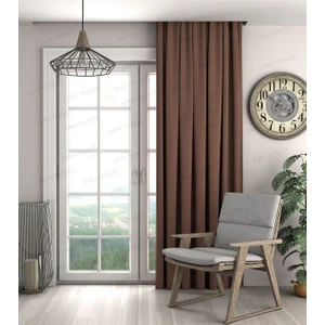 Kahverengi  Fon Perde, Kadife Dokulu Fon Perde,pilesiz Ekstrafor Büzgülü (Tek Kanat)