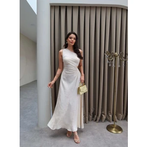 Krem Desenli Tek Kol Elbise