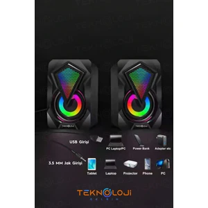 Teknoloji Gelsin Bilgisayar Hoparlörü Led Işıklı Rgb Laptop Pc Uyumlu 1+1 Speaker