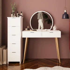 Lucy Makyaj Masası Takımı T1050 – Beyaz  Aynalı, Çekmeceli Dolaplı Set