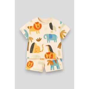 Unisex Çocuk Pamuklu Ekru Safari Hayvan Baskılı T-Shirt ve Şort Takım - Yazlık