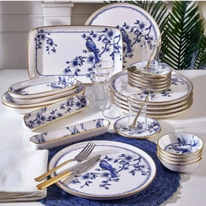 Blue Bird Kahvaltı Takımı 35 Parça 6 Kişilik Mavi Beyaz Stoneware Gold Detaylı