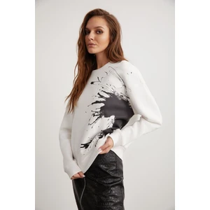 Ibbıe Kadın Içi Polarlı Yumuşak Parça Baskılı Bisiklet Yaka Beyaz Sweatshirt