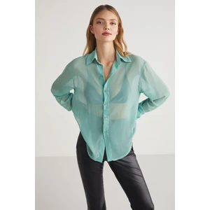 Lıma Kadın Oversize Kalıp Tül Uzun Kollu Turkuaz Gömlek