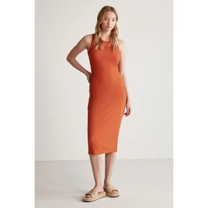 Carına Kadın Geniş Fitilli Esnek Kumaşlı Vücüda Oturan Bodycon Maxi Kiremit Rengi Elbise