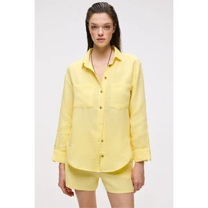 Rea Kadın %100 Pamuk Müslin Kumaş Rahat Kesim Düğmeli Regular Fit Sarı Gömlek