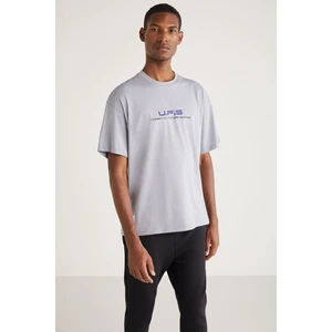 Crıspın Erkek Bisiklet Yaka %100 Pamuk Baskı Detaylı Açık Gri T-Shirt