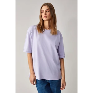 Jemmy Kadın %100 Organik Pamuk Relaxed Fit Yırtmaçlı Yuvarlak Yakalı Lila T-Shirt