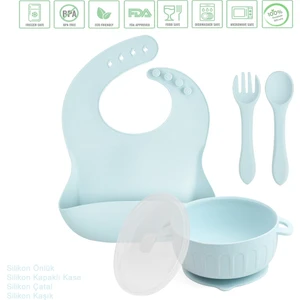 Silikon Beslenme Seti Silikon Vakumlu Kapaklı Mama Kasesi , Silikon Önlük, Çatal ve Kaşık /Buzmavisi