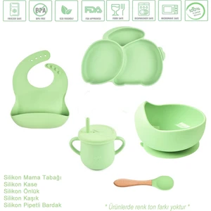 Silikon Beslenme Seti Vakumlu Silikon Mama Tabağı, Mama Kasesi, Önlük, Kaşık,pipetli Bardak-Çerezlik