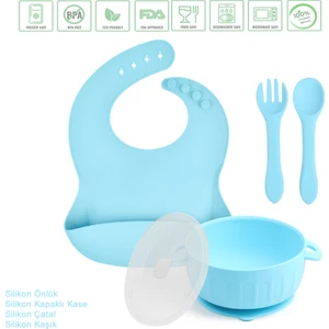 Silikon Beslenme Seti Silikon Vakumlu Kapaklı Mama Kase , Silikon Önlük, Silikon Kaşık