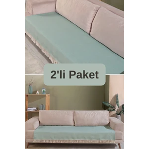 Turkuaz Pamuklu 2'li Koltuk Örtüsü 115X200 Önden Saçaklı Çizgili Desenli