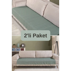 Yeşil Pamuklu 2'li Koltuk Örtüsü 115X200 Önden Saçaklı Çizgili Desenli