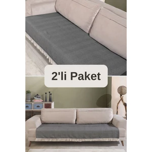 Siyah Pamuklu 2'li Koltuk Örtüsü 115X200 Önden Saçaklı Çizgili Desenli