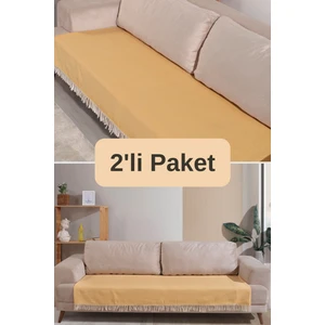 Sarı Pamuklu 2'li Koltuk Örtüsü 115X200 Önden Saçaklı Çizgili Desenli