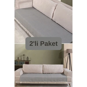 Gri Pamuklu 2'li Koltuk Örtüsü 115X200 Önden Saçaklı Çizgili Desenli