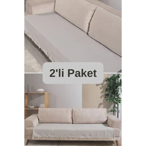 Açık Gri Pamuklu 2'li Koltuk Örtüsü 115X200 Önden Saçaklı Çizgili Desenli