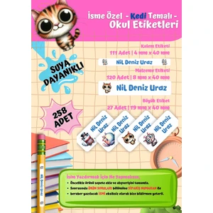 Kedi Temalı Kişiye Özel Suya Dayanıklı Okul Etiketi Seti - 258 Adet Isimli Etiket