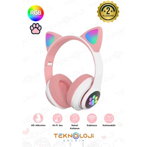 Teknoloji Gelsin Pembe Bluetooth 5.0 Mikrofonlu Kablosuz Kulaklık Yüksek Ses Akıllı LED Işıklı Kedi Patili Rgb