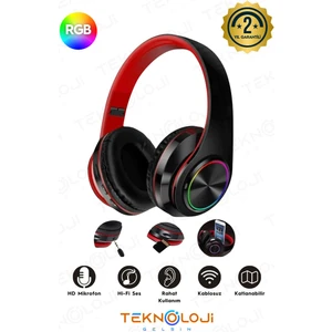Teknoloji Gelsin Kablosuz Kulaklık Bluetooth Mikrofonlu Kulaküstü Kulaklık LED Işıklı Katlanabilir Siyah-Kırmızı